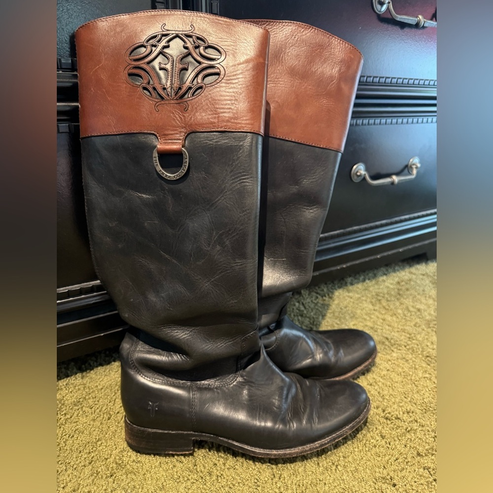 Frye Two-Tone Black and Brown Heeled Boots
